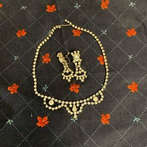 Vintage Parure Set Clear Rhinestone Diamond Set Necklace Earrings Prom Formal
